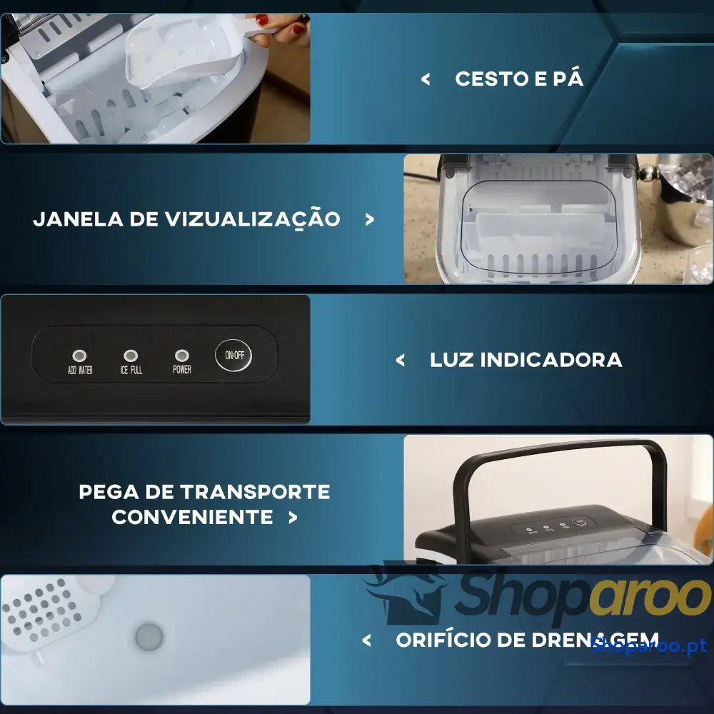 Máquina de Fazer Gelo Silenciosa 12 kg em 24 Horas 9 Cubos 6-12 Minutos Depósito Água 1,3 L 22,2x29,4x29 cm Preto