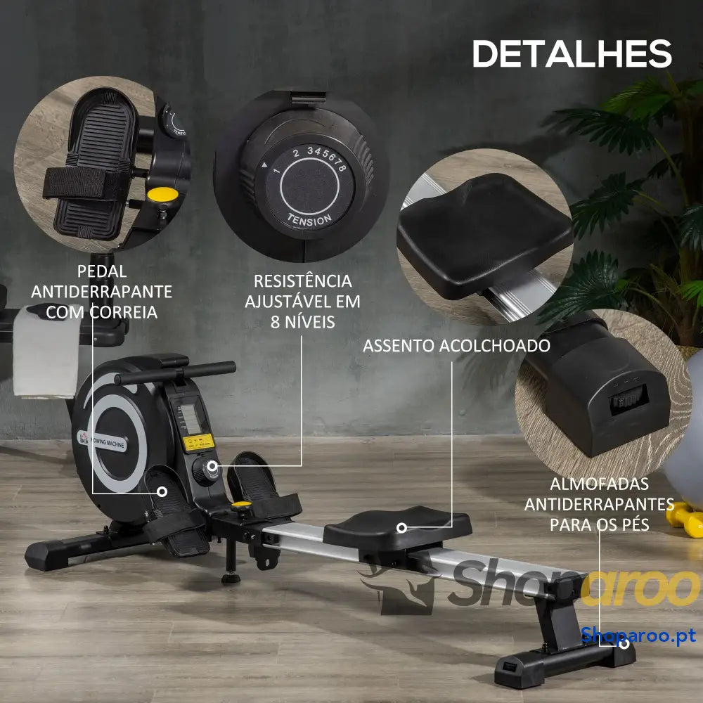 Máquina de Remo Dobrável com 8 Níveis Resistência Magnética Volante Inércia 4kg Monitor LCD Aço Alumínio 185x58x57cm