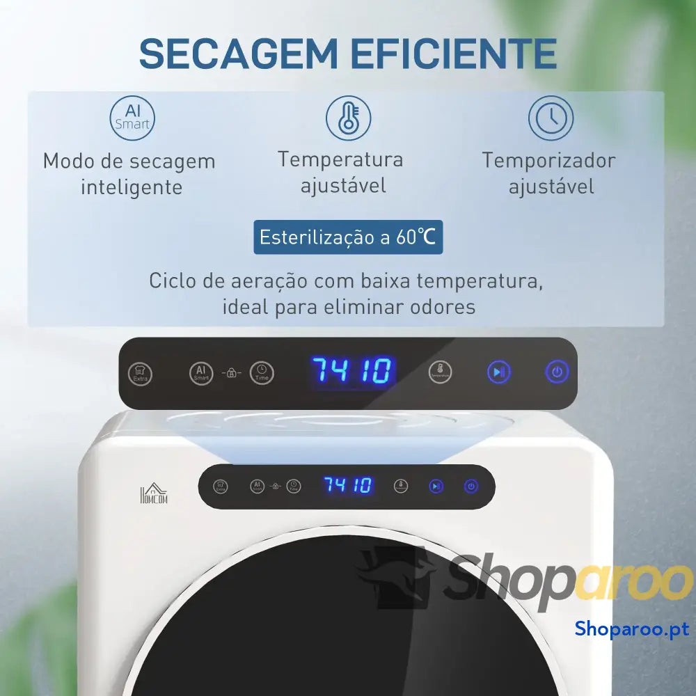 Máquina de Secar 4 KG 1000W Função Antirrugas Esterilizar Temporizador Ecrã LED Tátil Tambor Aço Inoxidável 49x43x61 cm