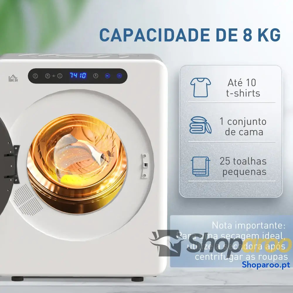 Máquina de Secar 4 KG 1000W Função Antirrugas Esterilizar Temporizador Ecrã LED Tátil Tambor Aço Inoxidável 49x43x61 cm