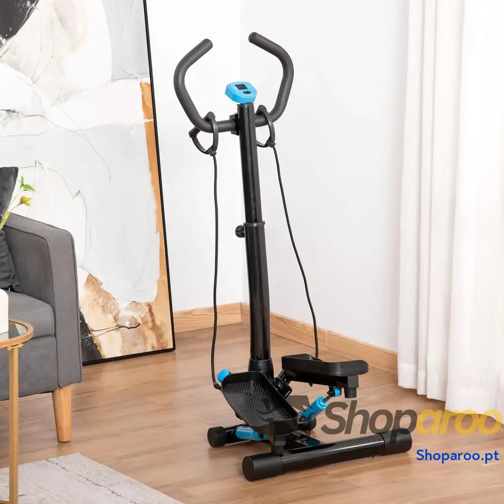 Máquina de Step Fitness com Guiador Ajustável em Altura Tela LCD Bandas Elásticas Pedais Antiderrapantes Equipamento de Exercício para Academia em Casa 55x53x118-128cm Preto