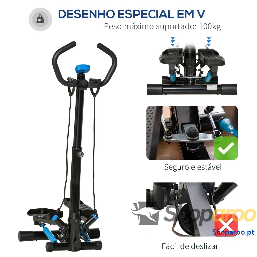Máquina de Step Fitness com Guiador Ajustável em Altura Tela LCD Bandas Elásticas Pedais Antiderrapantes Equipamento