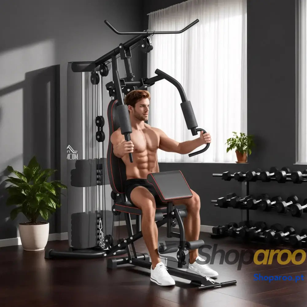 Máquina Multi Estação de Treino com Pesos Ajustáveis Press Perna e Polia para Ginásio em Casa 170x104x205 cm Preto
