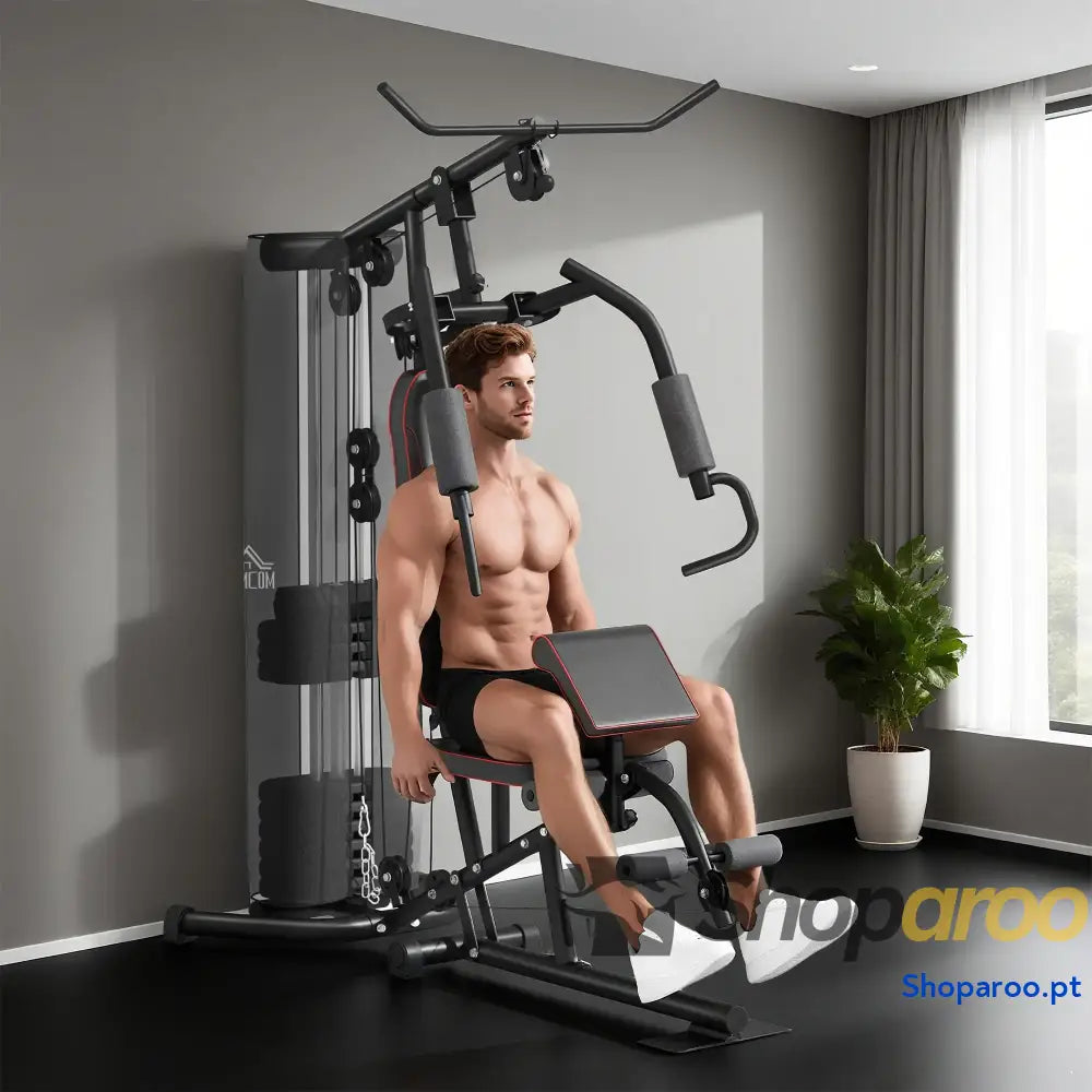 Máquina Multi Estação de Treino com Pesos Ajustáveis Press Perna e Polia para Ginásio em Casa 170x104x205 cm Preto
