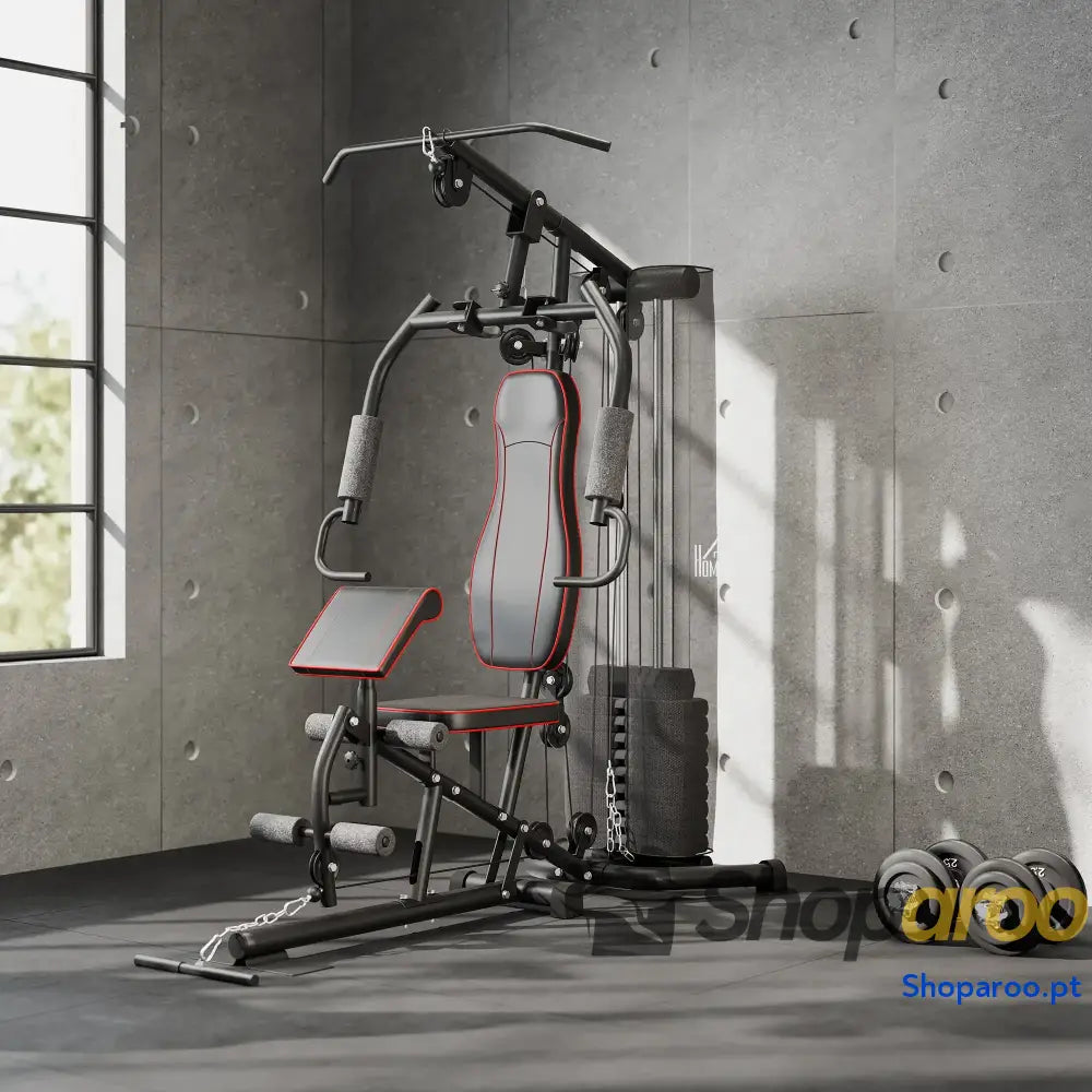 Máquina Multi Estação de Treino com Pesos Ajustáveis Press Perna e Polia para Ginásio em Casa 170x104x205 cm Preto