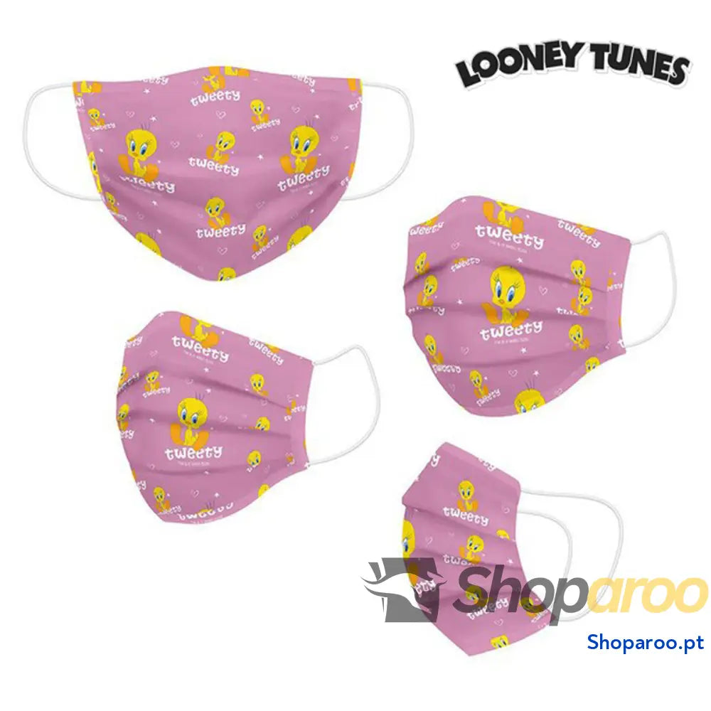 Máscara Higiénica em Tecido Reutilizável Looney Tunes Infantil Cor de Rosa
