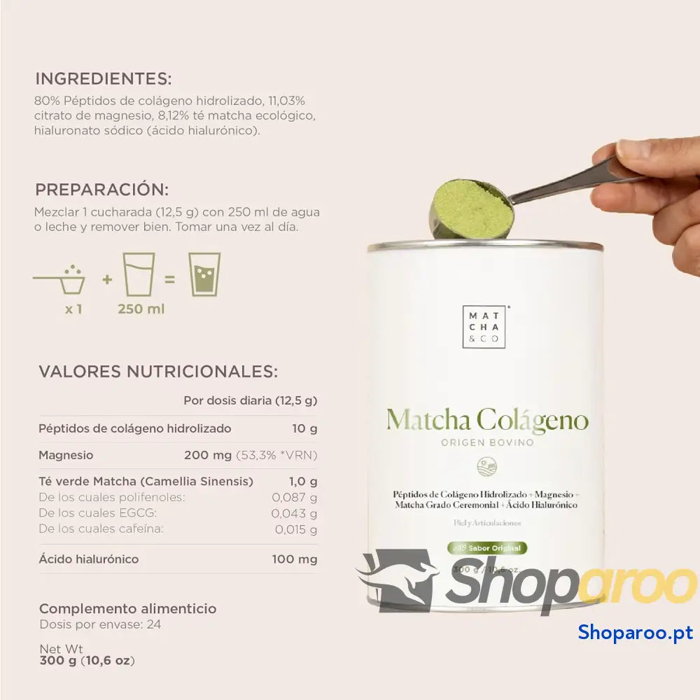 Colágeno em pó sabor matcha com magnésio para articulações e pele