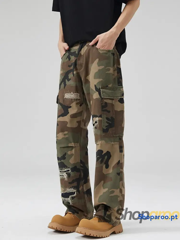 Men’s Distressed Camouflage Cargo Pants