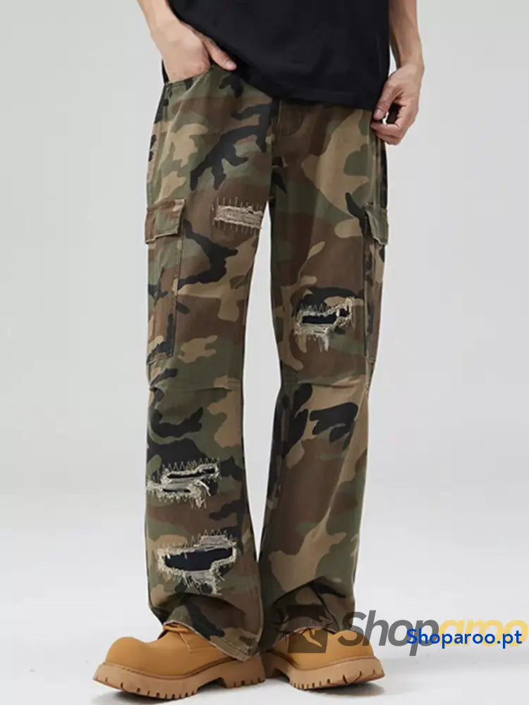 Men’s Distressed Camouflage Cargo Pants