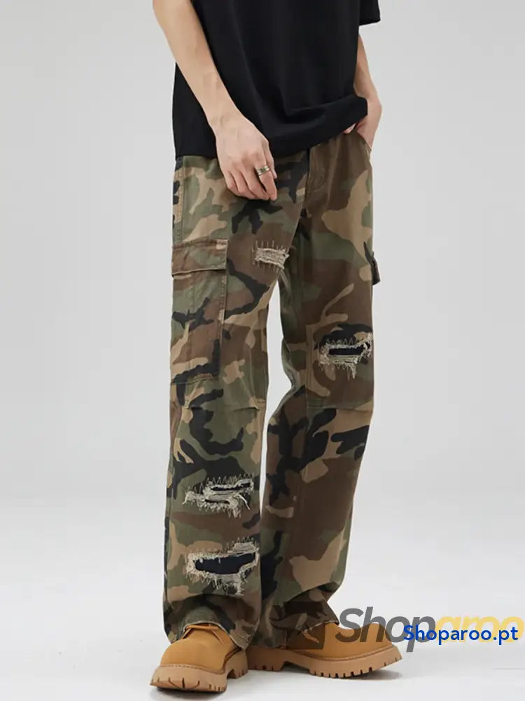 Men’s Distressed Camouflage Cargo Pants