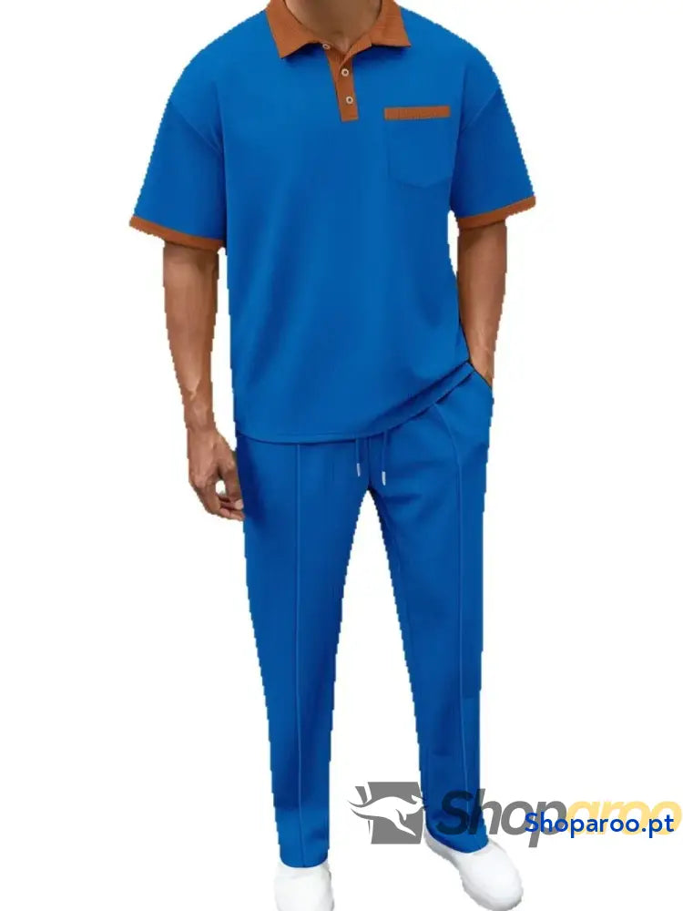 Men’s Full Size Waffle-Knit Contrast Polo and Pants Set Plus