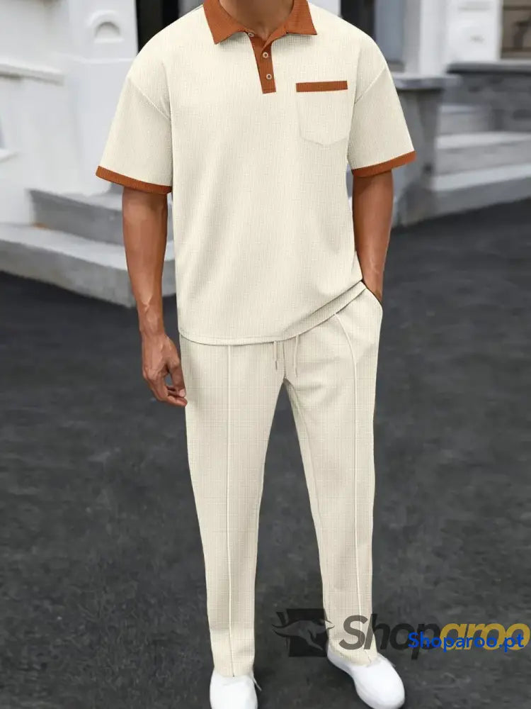 Men’s Full Size Waffle-Knit Contrast Polo and Pants Set Plus