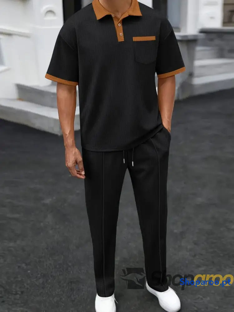 Men’s Full Size Waffle-Knit Contrast Polo and Pants Set Plus