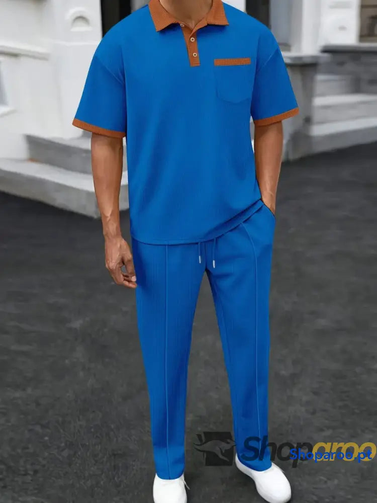Men’s Full Size Waffle-Knit Contrast Polo and Pants Set Plus