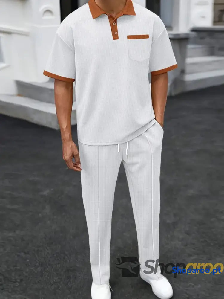 Men’s Full Size Waffle-Knit Contrast Polo and Pants Set Plus