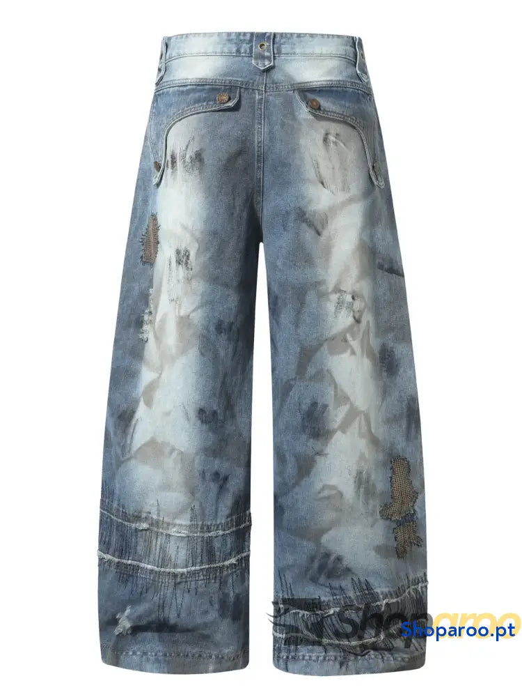 Men’s Full Size Wide Leg Patchwork Jeans Plus