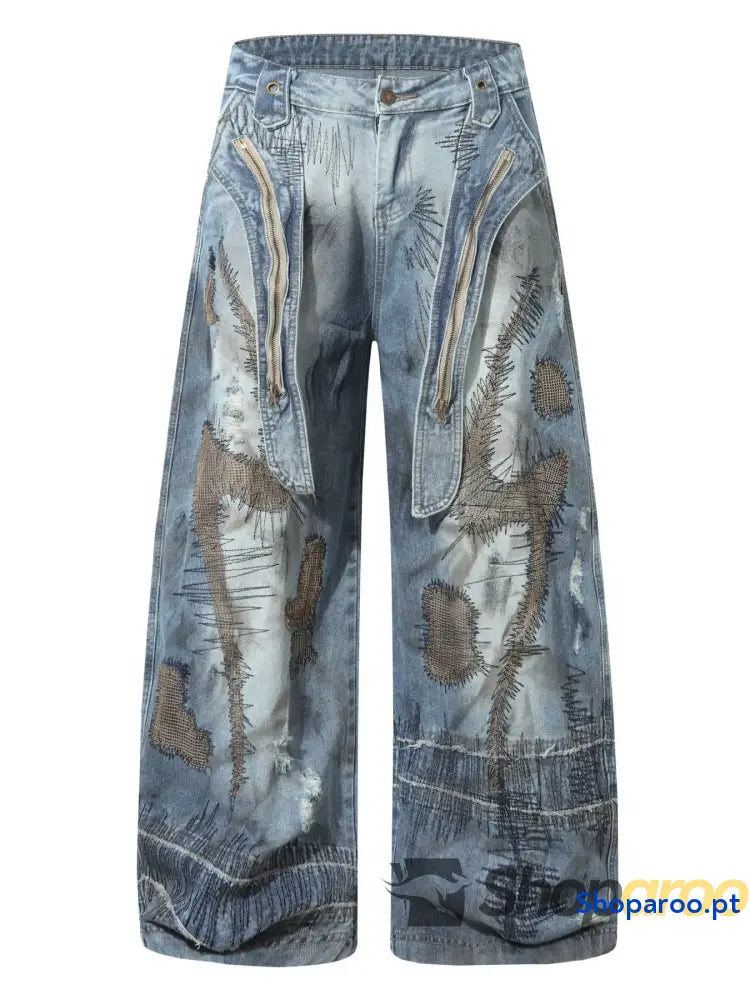 Men’s Full Size Wide Leg Patchwork Jeans Plus