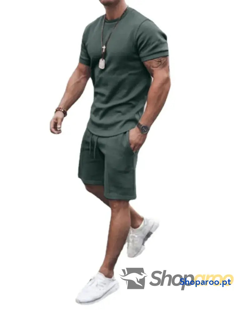 Men’s Plus Size Round Neck Short Sleeve Top and Shorts Set
