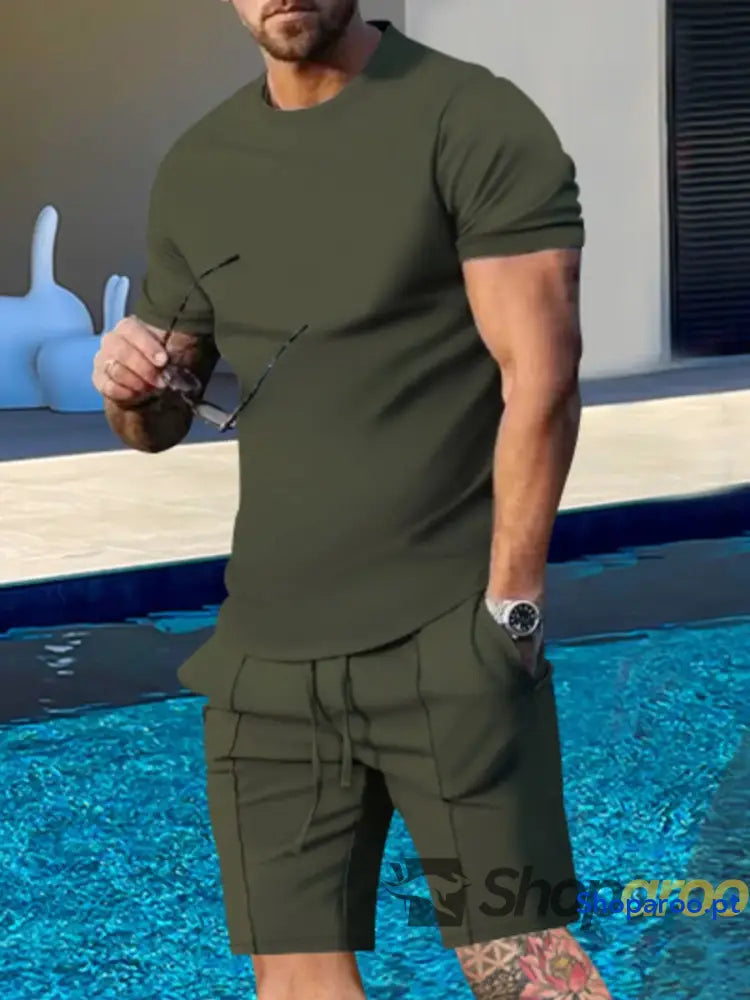 Men’s Plus Size Round Neck Short Sleeve Top and Shorts Set
