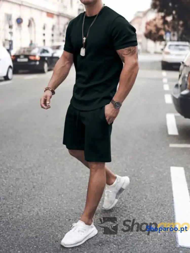 Men’s Plus Size Round Neck Short Sleeve Top and Shorts Set