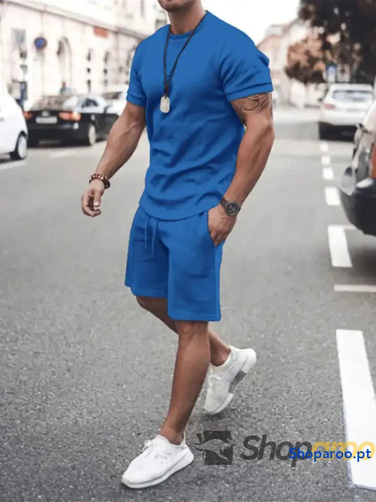 Men’s Plus Size Round Neck Short Sleeve Top and Shorts Set