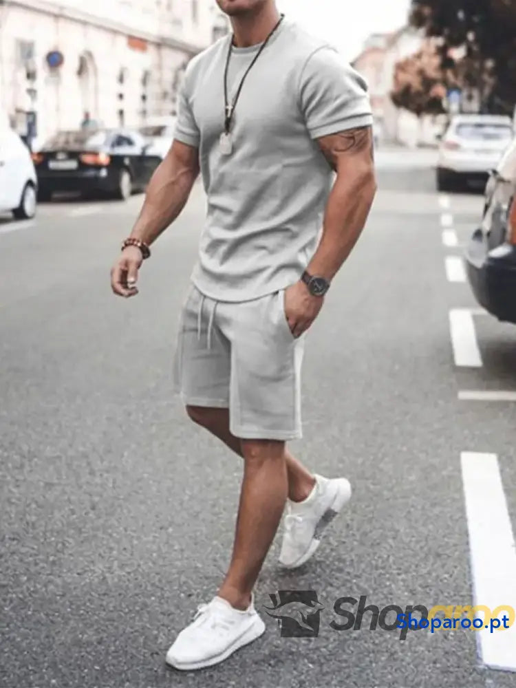 Men’s Plus Size Round Neck Short Sleeve Top and Shorts Set