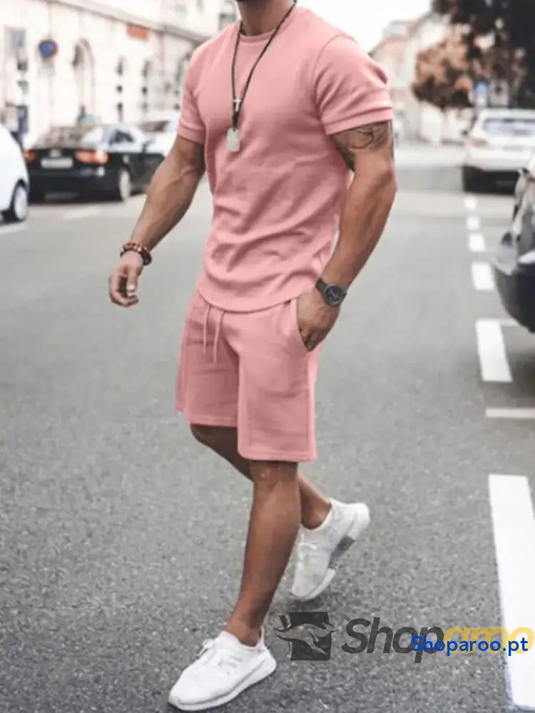 Men’s Plus Size Round Neck Short Sleeve Top and Shorts Set