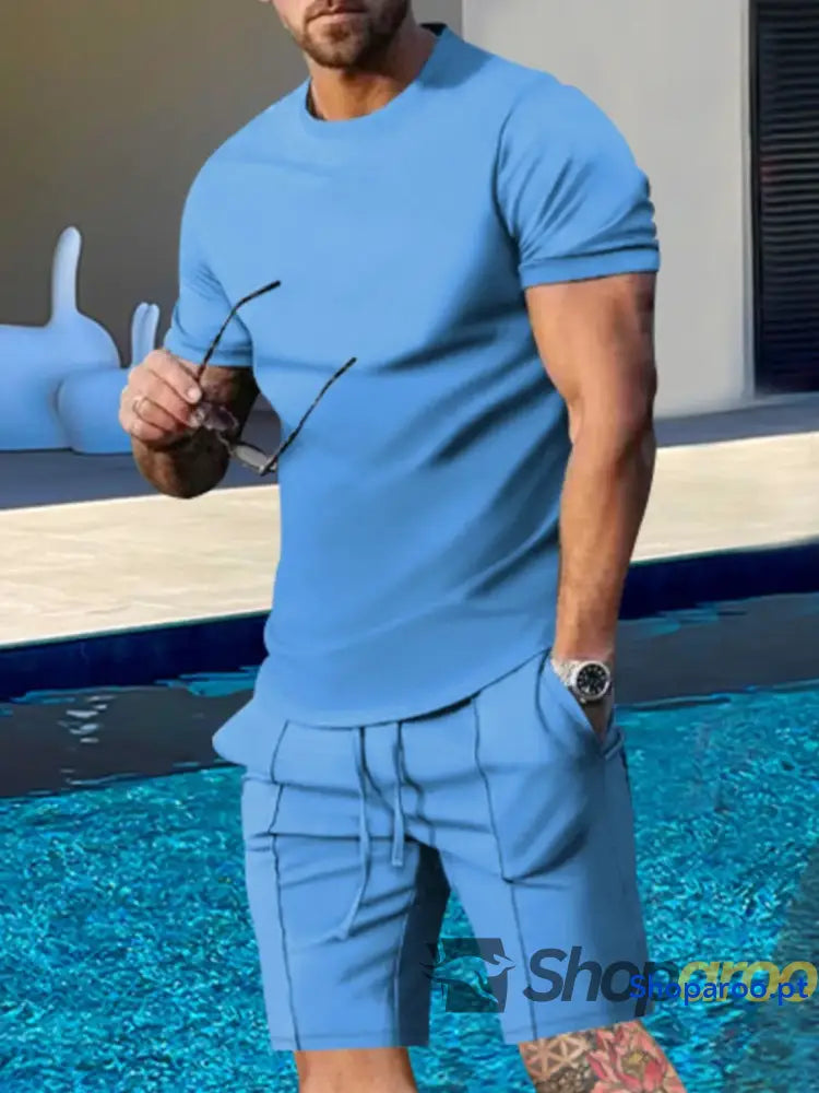 Men’s Plus Size Round Neck Short Sleeve Top and Shorts Set
