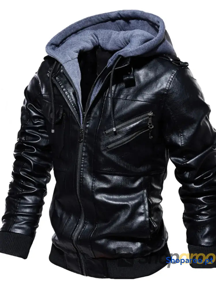 Casaco de homem com fecho e cordão capuz