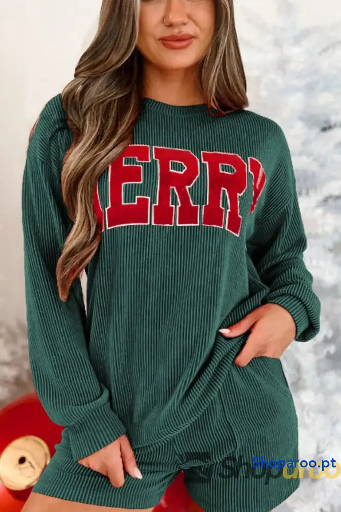 MERRY Round Neck Long Sleeve Top and Shorts Lounge Set