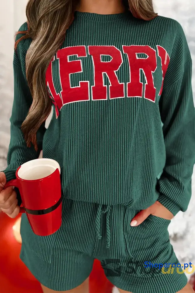 MERRY Round Neck Long Sleeve Top and Shorts Lounge Set