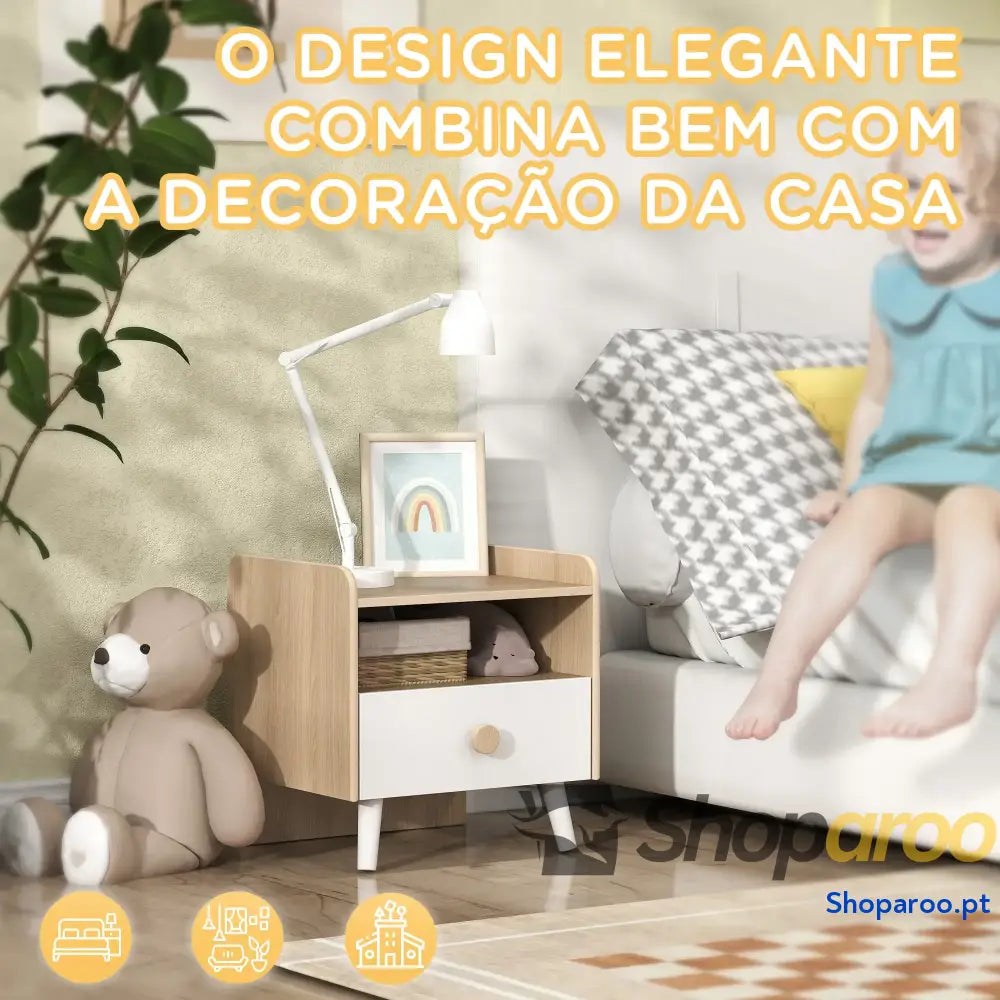 Mesa de Cabeceira Infantil Madeira para Crianças com Gaveta Bordas Redondas 40x32,5x40 cm Branco