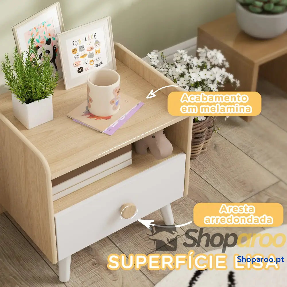 Mesa de Cabeceira Infantil Madeira para Crianças com Gaveta Bordas Redondas 40x32,5x40 cm Branco
