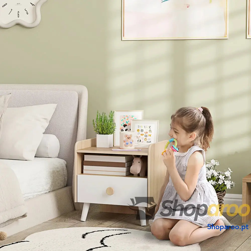 Mesa de Cabeceira Infantil de Madeira Mesa de Cabeceira para Crianças com Gaveta Bordas Redondas 40x32,5x40 cm Branco e Madeira