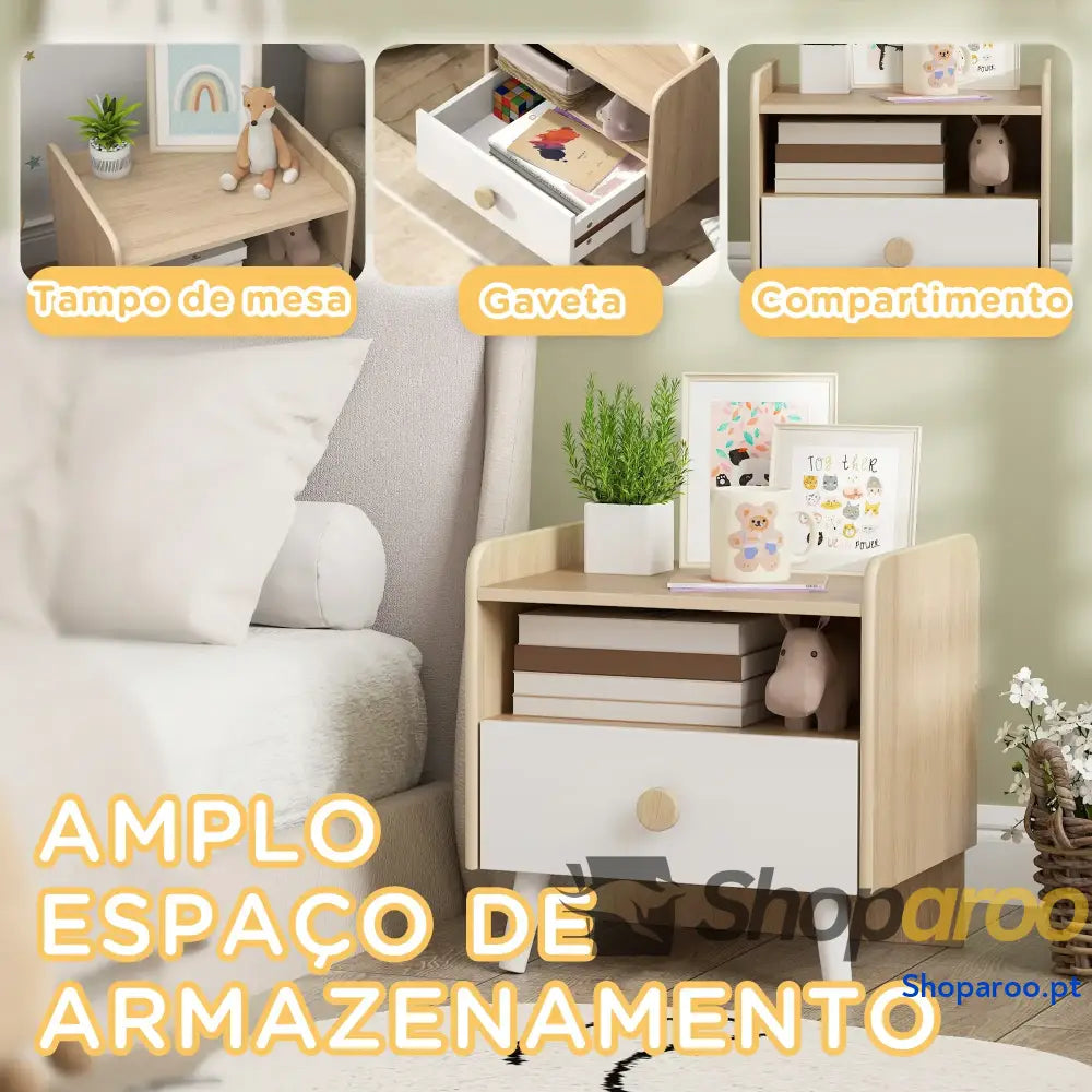 Mesa de Cabeceira Infantil Madeira para Crianças com Gaveta Bordas Redondas 40x32,5x40 cm Branco