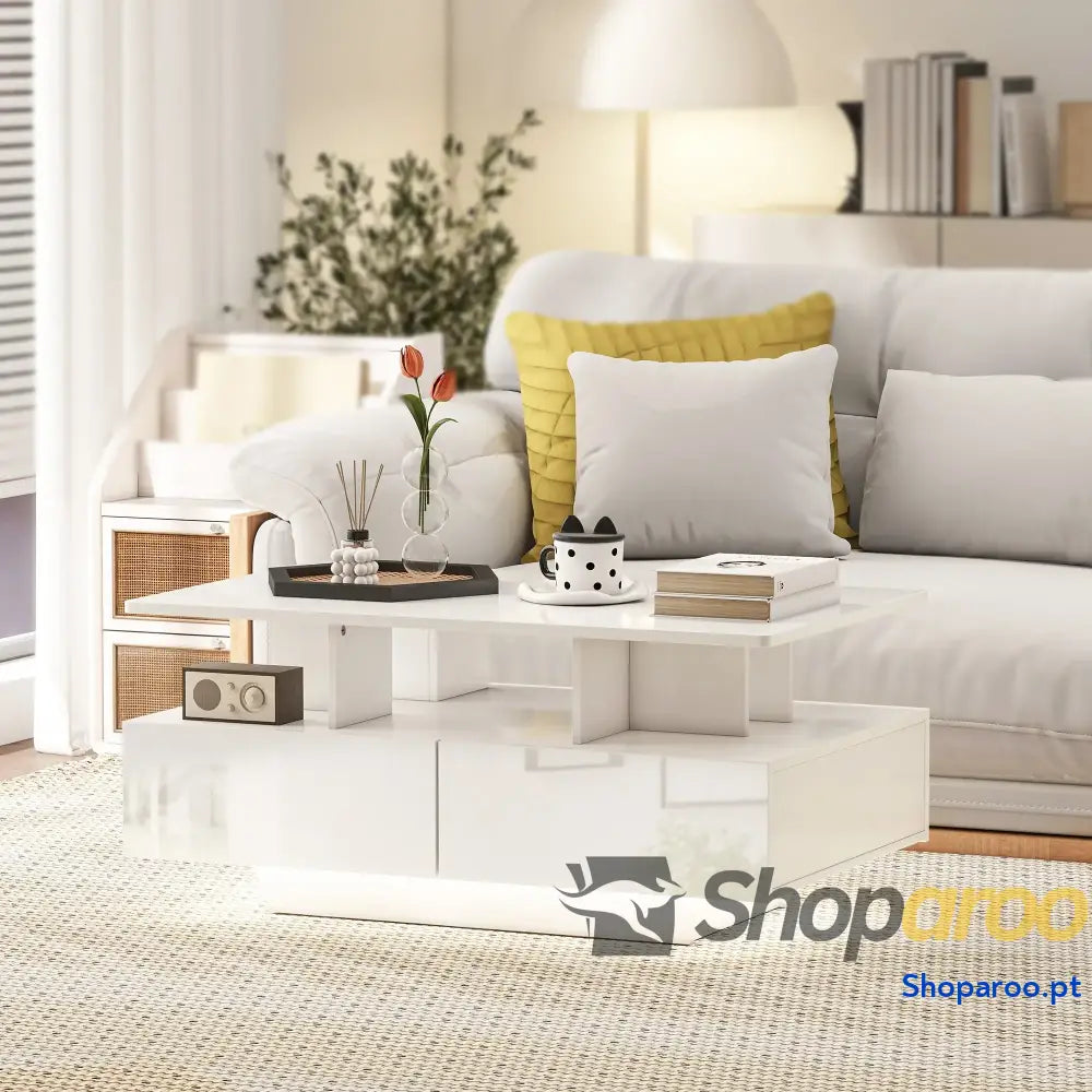 Mesa de Centro Moderna com LED 4 Gavetas Prateleira Aberta e Luzes 16 Cores 90x55x41 cm Branco Brilhante