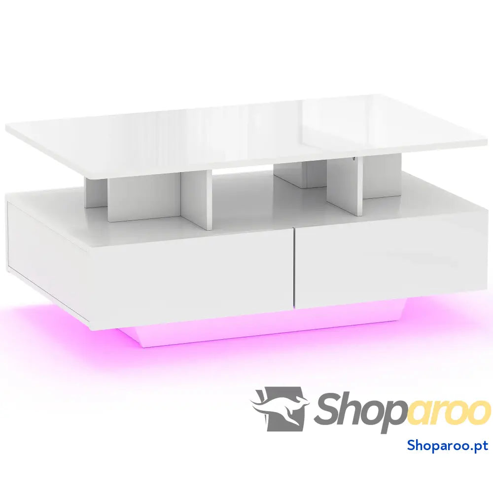 Mesa de Centro Moderna com LED 4 Gavetas Prateleira Aberta e Luzes 16 Cores 90x55x41 cm Branco Brilhante