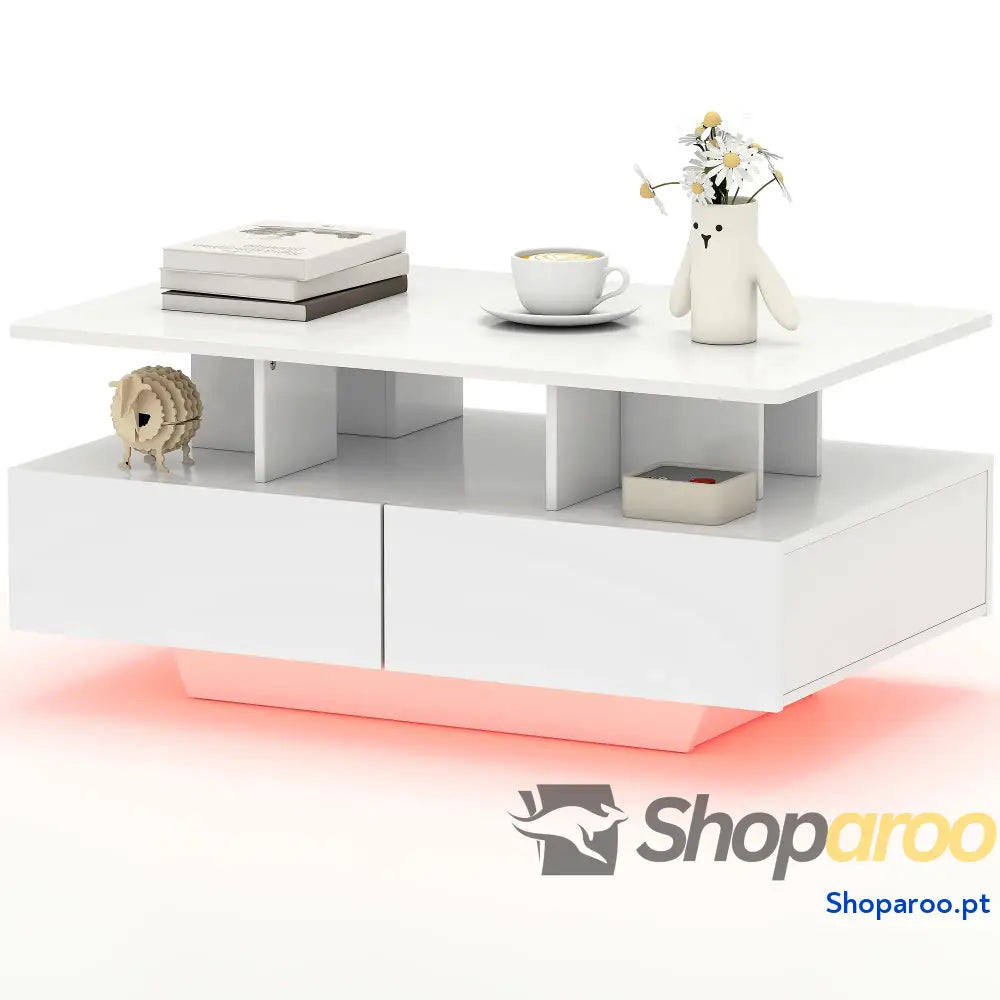 Mesa de Centro Moderna com LED 4 Gavetas Prateleira Aberta e Luzes 16 Cores 90x55x41 cm Branco Brilhante
