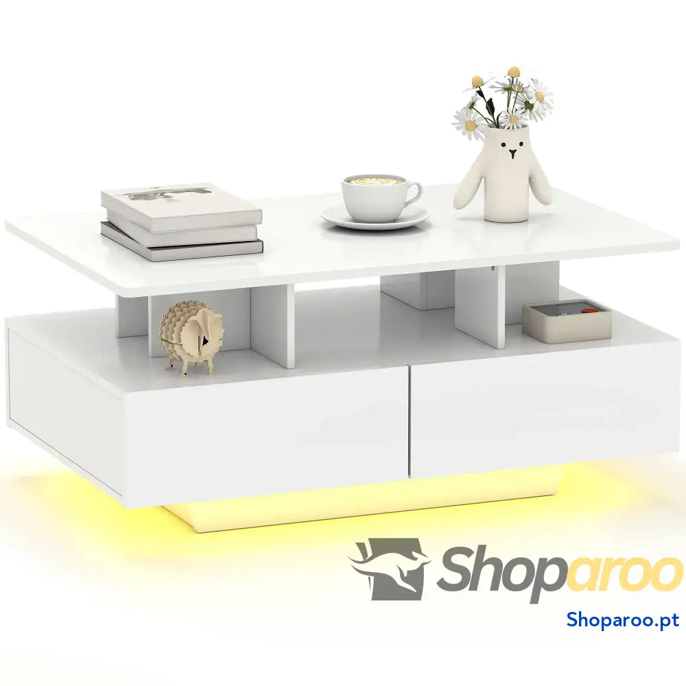 Mesa de Centro Moderna com LED 4 Gavetas Prateleira Aberta e Luzes 16 Cores 90x55x41 cm Branco Brilhante