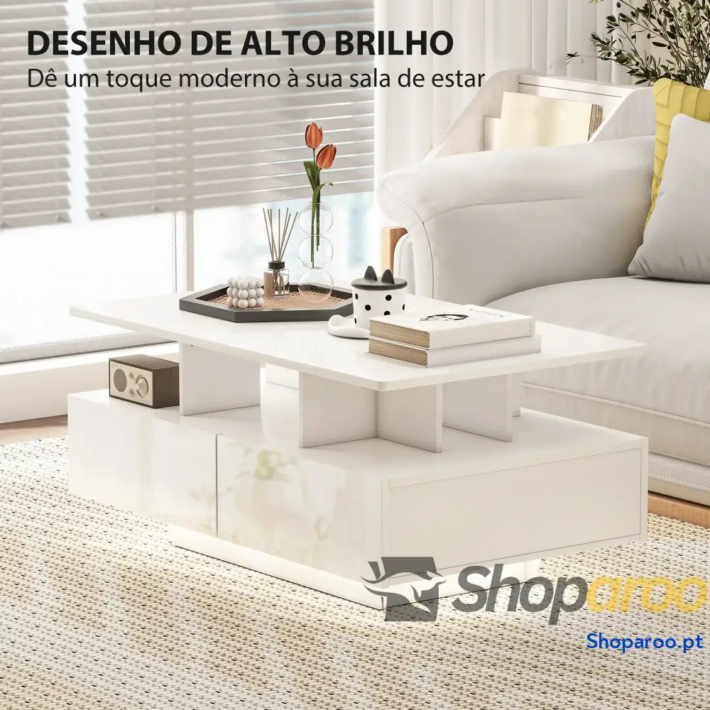 Mesa de Centro Moderna com LED 4 Gavetas Prateleira Aberta e Luzes 16 Cores 90x55x41 cm Branco Brilhante