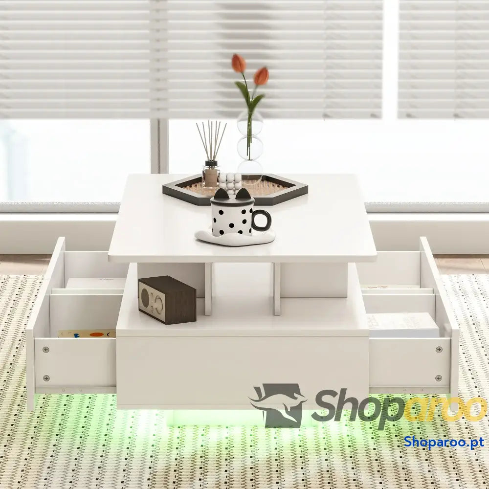 Mesa de Centro Moderna com LED 4 Gavetas Prateleira Aberta e Luzes 16 Cores 90x55x41 cm Branco Brilhante