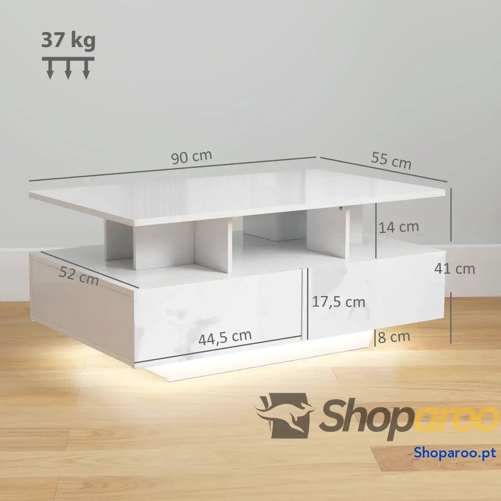 Mesa de Centro Moderna com LED 4 Gavetas Prateleira Aberta e Luzes 16 Cores 90x55x41 cm Branco Brilhante