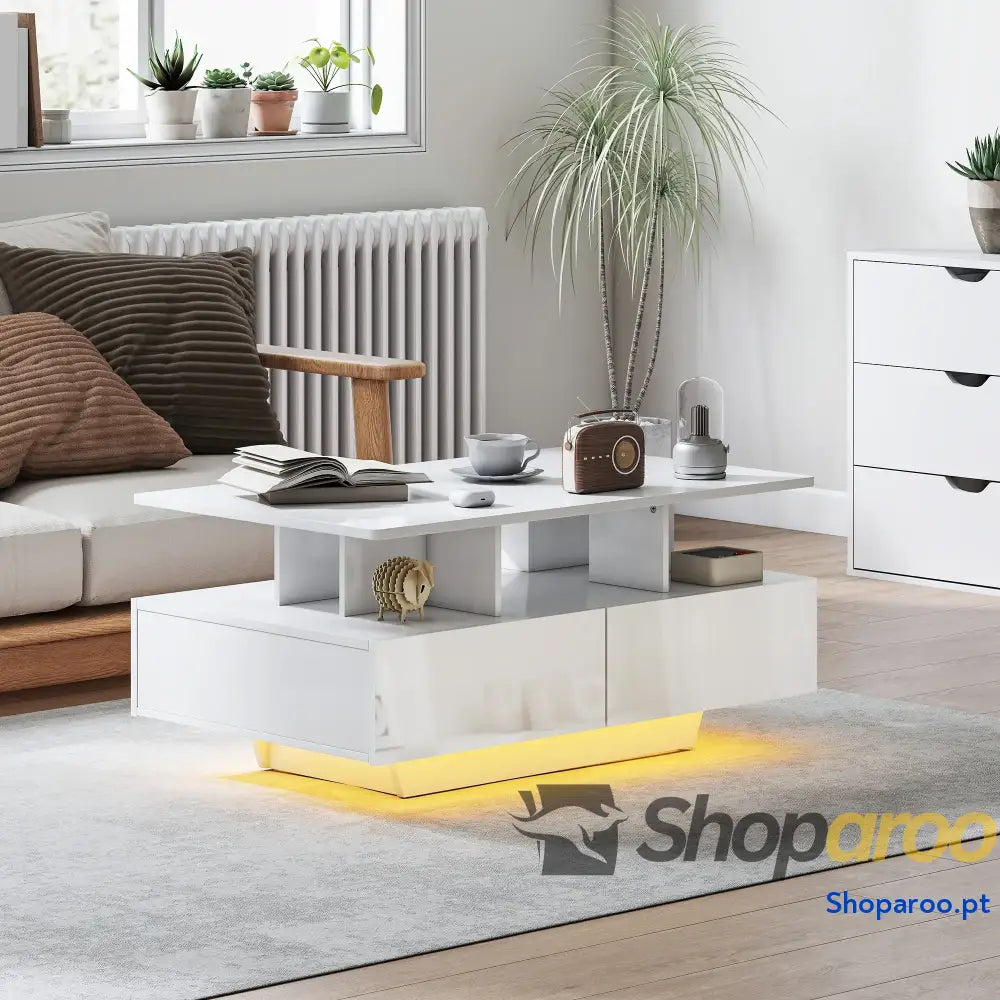 Mesa de Centro Moderna com LED 4 Gavetas Prateleira Aberta e Luzes 16 Cores 90x55x41 cm Branco Brilhante