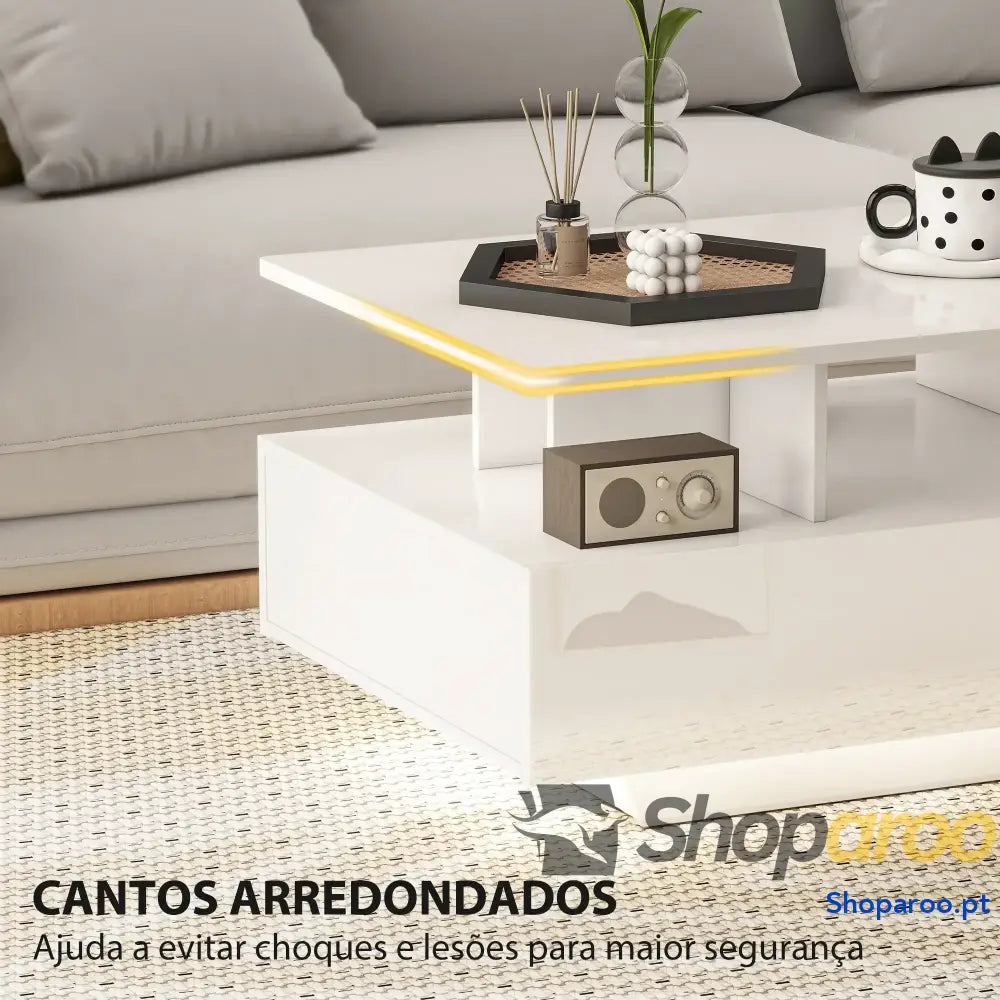 Mesa de Centro Moderna com LED 4 Gavetas Prateleira Aberta e Luzes 16 Cores 90x55x41 cm Branco Brilhante