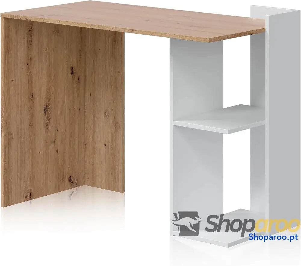 Mesa de estudo reversível com prateleiras secretária sistema armazenamento modelo Quénia acabamento em cor carvalho