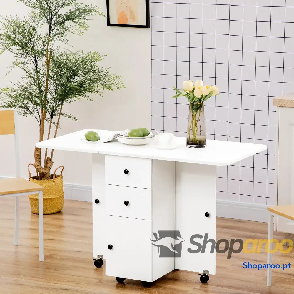 Mesa de Jantar Dobrável com Rodas e Armazenamento Branco 120x60cm