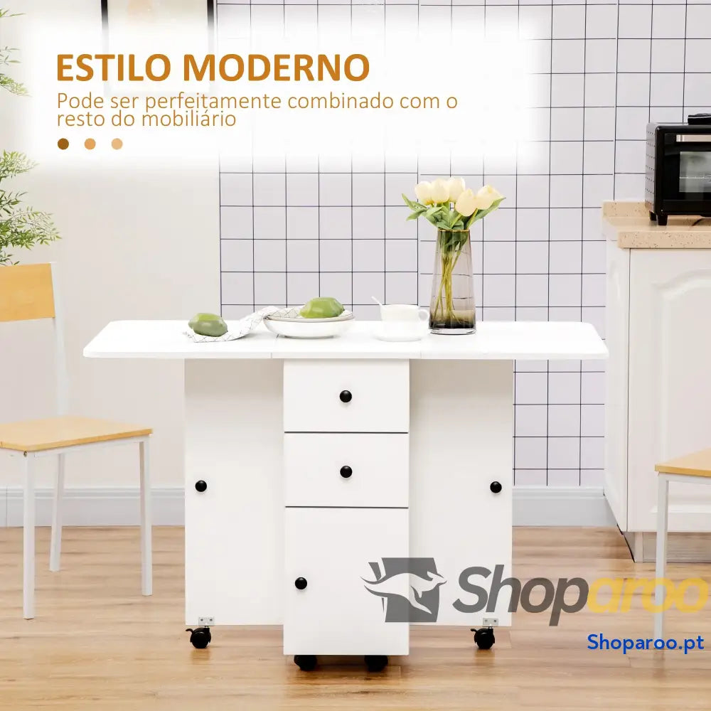 Mesa de Jantar Dobrável com Rodas e Armazenamento Branco 120x60cm
