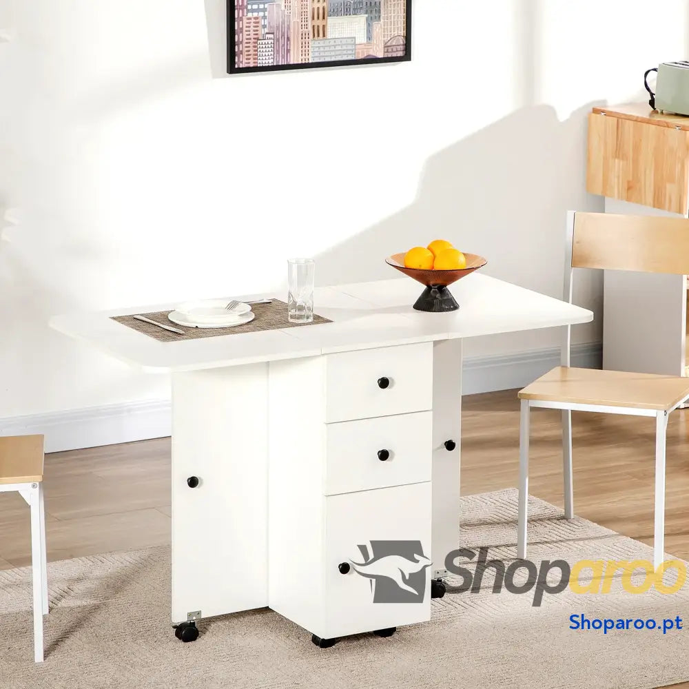 Mesa de Jantar Dobrável com Rodas e Armazenamento Branco 120x60cm