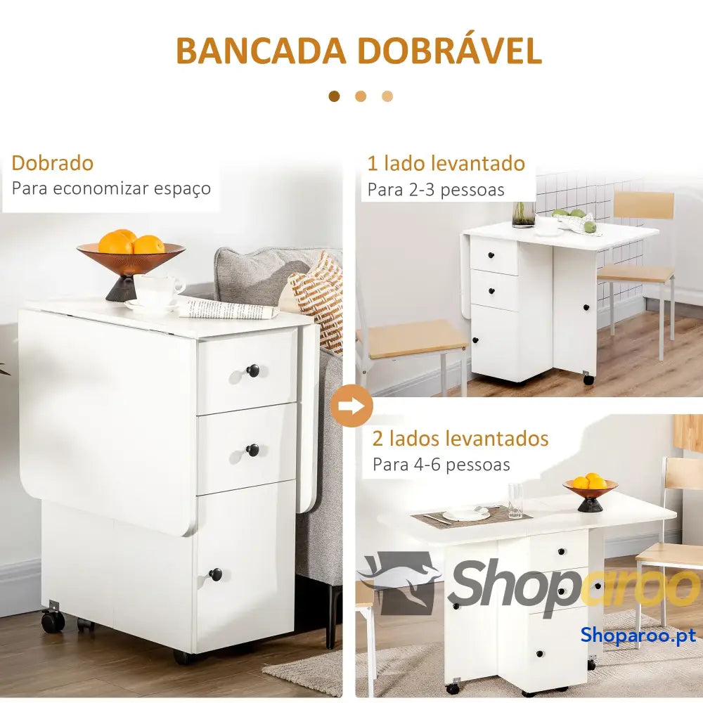Mesa de Jantar Dobrável com Rodas e Armazenamento Branco 120x60cm