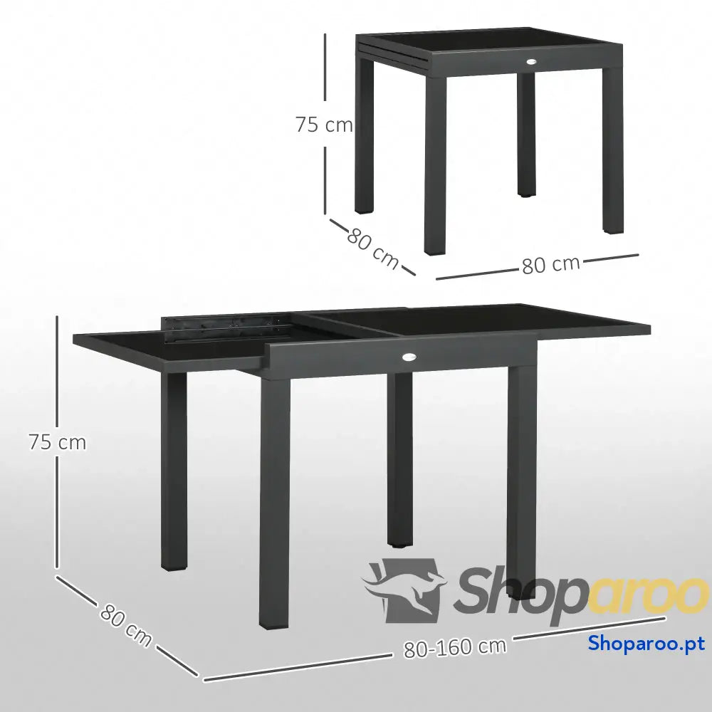 Mesa de Jardim Extensível Alumínio com Bancada Vidro Temperado 160x80x75 cm Preto